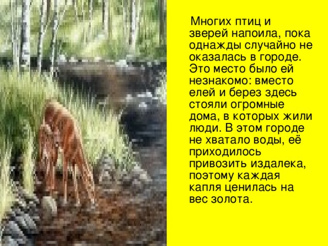  Многих птиц и зверей напоила, пока однажды случайно не оказалась в городе. Это место было ей незнакомо: вместо елей и берез здесь стояли огромные дома, в которых жили люди. В этом городе не хватало воды, её приходилось привозить издалека, поэтому каждая капля ценилась на вес золота. 