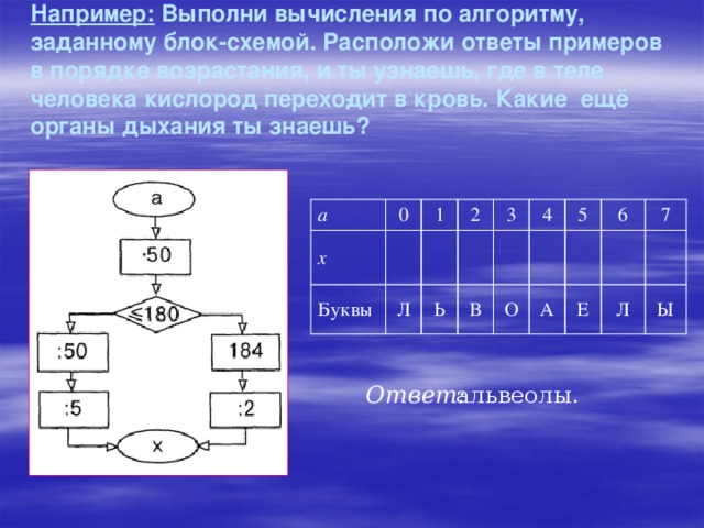 Например: Выполни вычисления по алгоритму, заданному блок-схемой. Расположи ответы примеров в порядке возраста­ния, и ты узнаешь, где в теле человека кислород перехо­дит в кровь. Какие  ещё органы дыхания ты знаешь? а  0 х Буквы 1       Л 2       Ь 3       4 В       О       5 6 А             7 Е Л       Ы альвеолы. Ответ: 