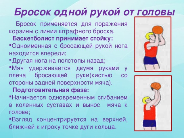 Бросок одной рукой от головы  Бросок применяется для поражения корзины с линии штрафного броска.  Баскетболист принимает стойку: Одноименная с бросающей рукой нога находится впереди; Другая нога на полстопы назад; Мяч удерживается двумя руками у плеча бросающей руки(кистью со стороны задней поверхности мяча).  Подготовительная фаза: Начинается одновременным сгибанием в коленных суставах и вынос мяча к голове; Взгляд концентрируется на верхней, ближней к игроку точке дуги кольца. 