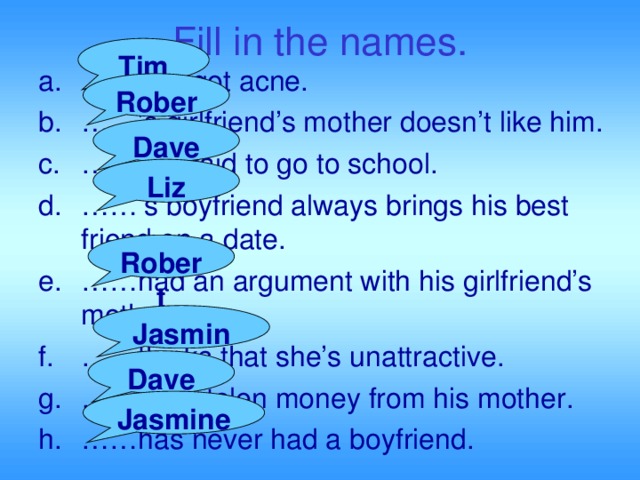 Fill in the names. Tim …… has got acne. ……’ s girlfriend’s mother doesn’t like him. …… is afraid to go to school. ……’ s boyfriend always brings his best friend on a date. …… had an argument with his girlfriend’s mother. …… thinks that she’s unattractive. …… has stolen money from his mother. …… has never had a boyfriend.  Robert Dave Liz Robert Jasmine Dave Jasmine 