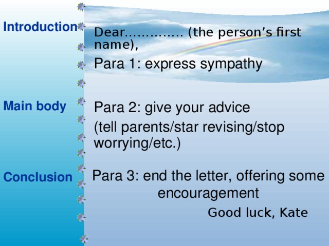 Introduction  Dear………….. (the person’s first name), Para 1: express sympathy Main body Para 2: give your advice (tell parents/star revising/stop worrying/etc.) Para 3: end the letter, offering some encouragement Conclusion  Good luck, Kate 