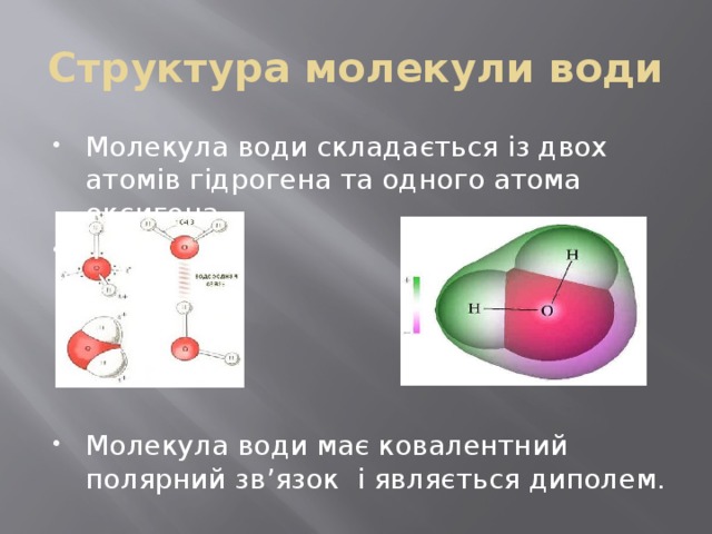 Структура молекули води Молекула води складається із двох атомів гідрогена та одного атома оксигена Молекула води має ковалентний полярний зв’язок і являється диполем. 