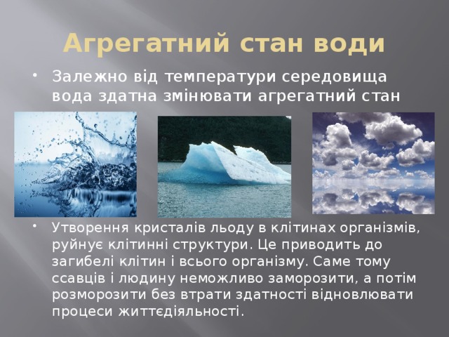 Агрегатний стан води Залежно від температури середовища вода здатна змінювати агрегатний стан Утворення кристалів льоду в клітинах організмів, руйнує клітинні структури. Це приводить до загибелі клітин і всього організму. Саме тому ссавців і людину неможливо заморозити, а потім розморозити без втрати здатності відновлювати процеси життєдіяльності. 