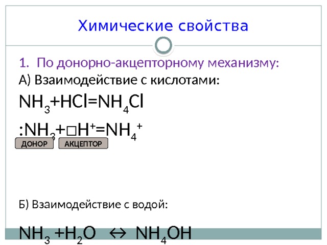 Химические свойства По донорно-акцепторному механизму: А) Взаимодействие с кислотами: NH 3 +HCl=NH 4 Cl :NH 3 +□H + =NH 4 + Б) Взаимодействие с водой: NH 3 +H 2 O ↔ NН 4 ОН АКЦЕПТОР ДОНОР 