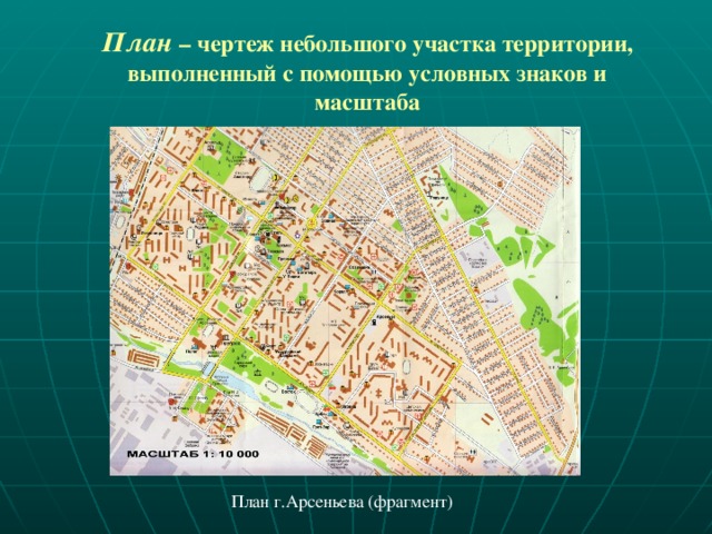 План – чертеж небольшого участка территории, выполненный с помощью условных знаков и масштаба План г.Арсеньева (фрагмент) 