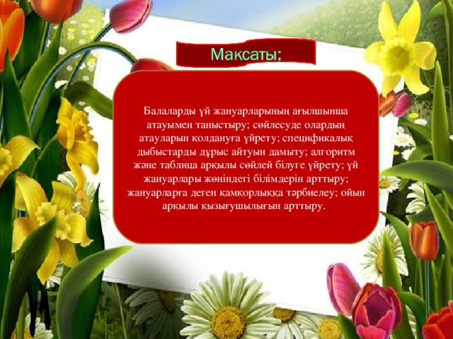 Балаларды үй жануарларының ағылшынша атауымен таныстыру; сөйлесуде олардың атауларын қолдануға үйрету; спецификалық дыбыстарды дұрыс айтуын дамыту; алгоритм және таблица арқылы сөйлей білуге үйрету; үй жануарлары жөніндегі білімдерін арттыру; жануарларға деген қамқорлыққа тәрбиелеу; ойын арқылы қызығушылығын арттыру.  