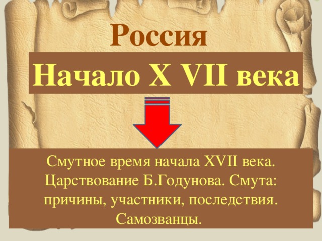 Россия Начало X VII века Смутное время начала XVII века. Царствование Б.Годунова. Смута: причины, участники, последствия. Самозванцы. 