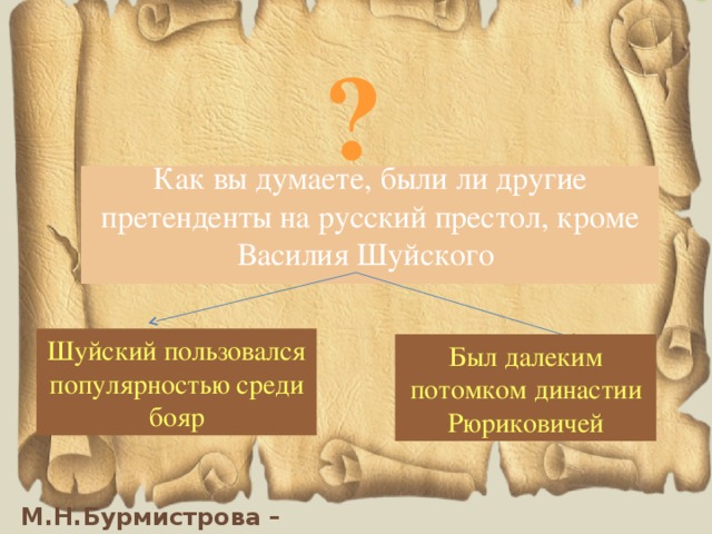 ? Как вы думаете, были ли другие претенденты на русский престол, кроме Василия Шуйского Шуйский пользовался популярностью среди бояр Был далеким потомком династии Рюриковичей 