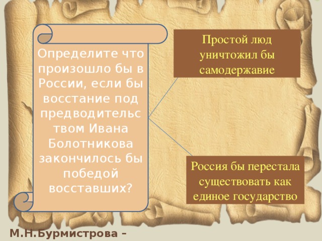 Определите что произошло бы в России, если бы восстание под предводительством Ивана Болотникова закончилось бы победой восставших? Простой люд уничтожил бы самодержавие Россия бы перестала существовать как единое государство 