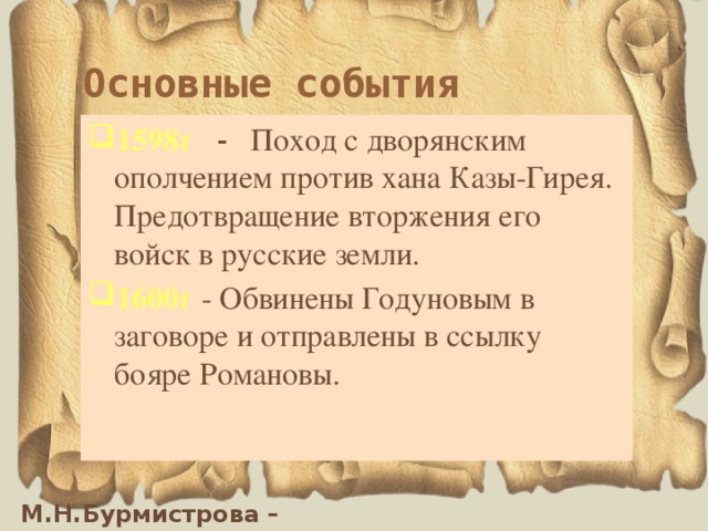 Основные события 1598г   - Поход с дворянским ополчением против хана Казы-Гирея. Предотвращение вторжения его войск в русские земли. 1600г   - Обвинены Годуновым в заговоре и отправлены в ссылку бояре Романовы. 