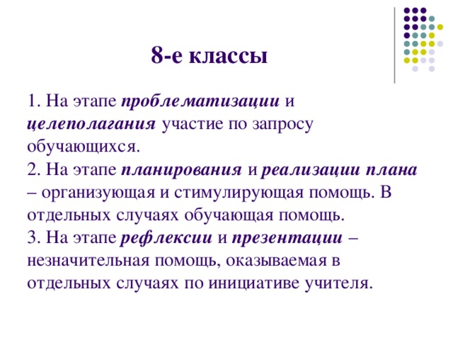 8-е классы 1. На этапе проблематизации и целеполагания участие по запросу обучающихся. 2. На этапе планирования и реализации плана – организующая и стимулирующая помощь. В отдельных случаях обучающая помощь. 3. На этапе рефлексии и презентации – незначительная помощь, оказываемая в отдельных случаях по инициативе учителя. 