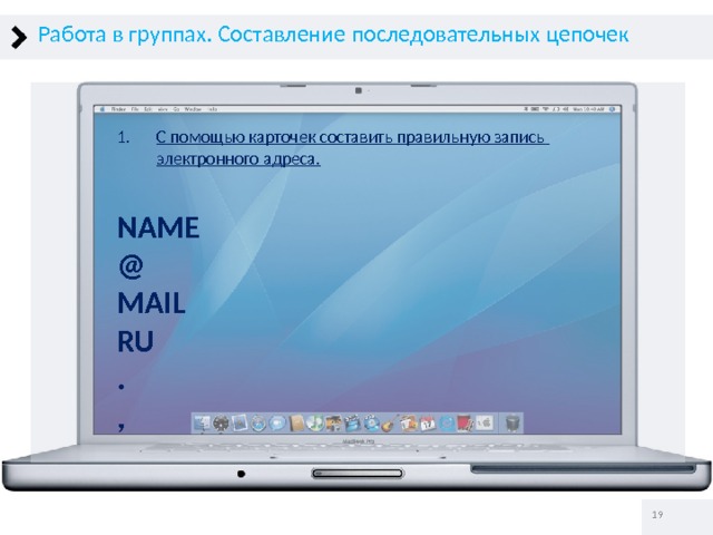 Работа в группах. Составление последовательных цепочек С помощью карточек составить правильную запись  электронного адреса. NAME @ MAIL RU . ,   