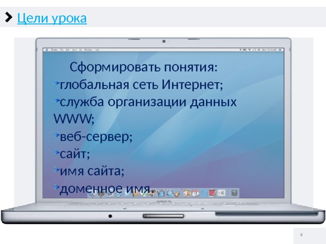 Цели урока  Сформировать понятия: глобальная сеть Интернет; служба организации данных WWW; веб-сервер; сайт; имя сайта; доменное имя.   