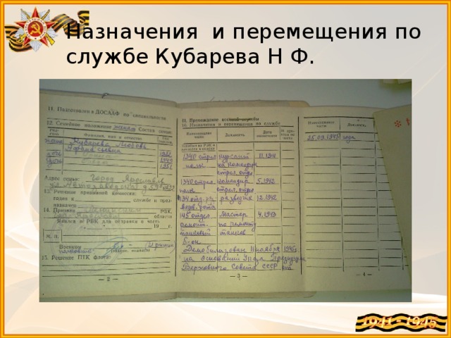 Назначения и перемещения по службе Кубарева Н Ф. 