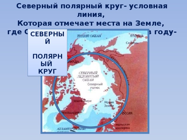 Северный полярный круг- условная линия, Которая отмечает места на Земле, где Солнце не заходит один раз в году-22 июня. СЕВЕРНЫЙ  ПОЛЯРНЫЙ КРУГ 