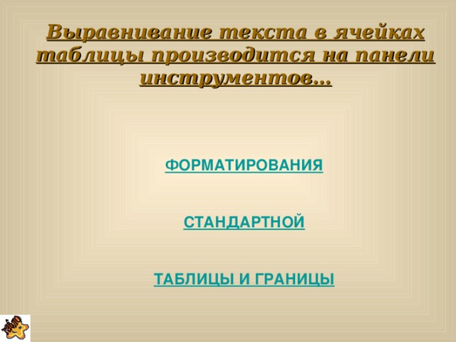 Выравнивание текста в ячейках таблицы производится на панели инструментов… ФОРМАТИРОВАНИЯ  СТАНДАРТНОЙ  ТАБЛИЦЫ И ГРАНИЦЫ   