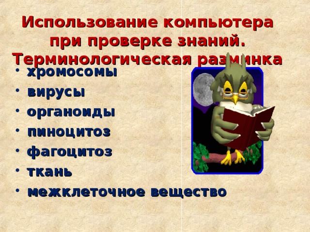 Использование компьютера при проверке знаний.  Терминологическая разминка хромосомы вирусы органоиды пиноцитоз фагоцитоз ткань межклеточное вещество 