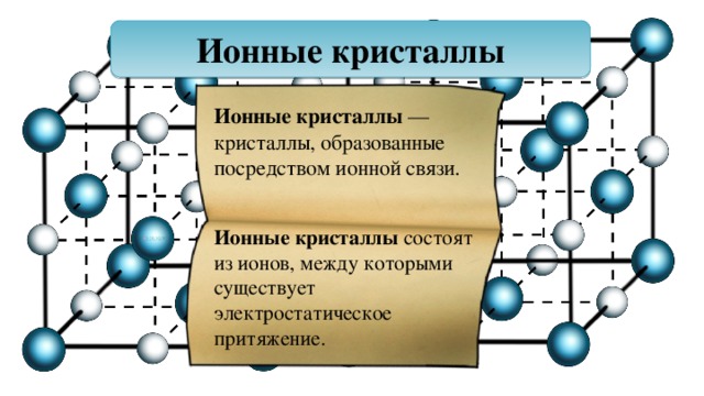 Ионные кристаллы Ионные кристаллы — кристаллы, образованные посредством ионной связи. Ионные кристаллы состоят из ионов, между которыми существует электростатическое притяжение. 