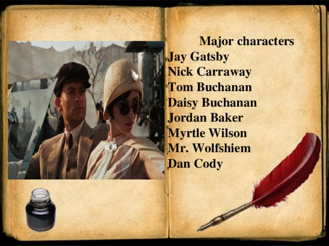 Major characters Jay Gatsby Nick Carraway Tom Buchanan Daisy Buchanan Jordan Baker Myrtle Wilson Mr. Wolfshiem Dan Cody