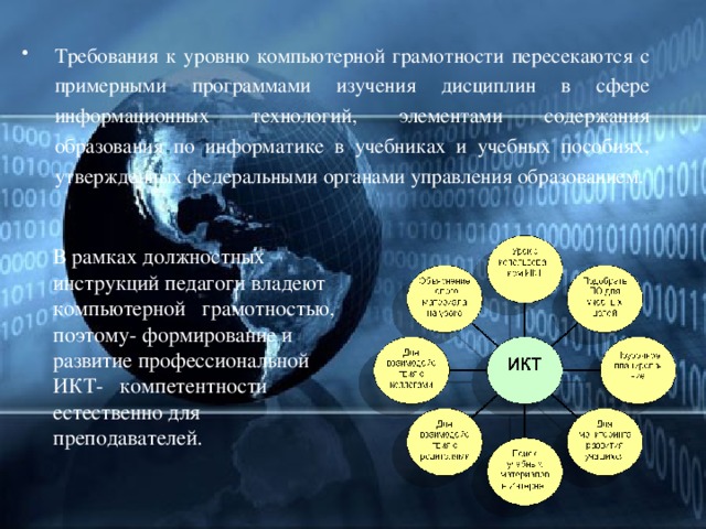 Требования к уровню компьютерной грамотности пересекаются с примерными программами изучения дисциплин в сфере информационных технологий, элементами содержания образования по информатике в учебниках и учебных пособиях, утвержденных федеральными органами управления образованием. В рамках должностных инструкций педагоги владеют компьютерной грамотностью, поэтому- формирование и развитие профессиональной ИКТ- компетентности естественно для преподавателей.  