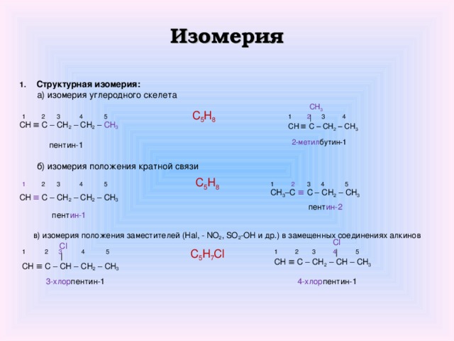 Изомерия Структурная изомерия:  а) изомерия углеродного скелета CH  ≡  C – CH 2 – CH 2 – CH 3  пентин-1  б) изомерия положения кратной связи CH  ≡  C – CH 2 – CH 2 – CH 3   пент ин-1  в) изомерия положения заместителей ( Hal , - NO 2 , SO 2 - OH и др.) в замещенных соединениях алкинов  Cl  |  CH ≡ C – CH – CH 2 – CH 3  CH 3  | CH  ≡  C – CH 2 – CH 3 C 5 H 8 1   2   3  4 1  2 3  4  5 2-метил бутин-1 C 5 H 8 1   2   3  4    5 1   2  3  4  5 CH 3 –C ≡ C – CH 2 – CH 3   пент ин-2   Cl   | CH ≡ C – CH 2 – CH – CH 3 1  2   3   4  5 1  2    3   4   5 C 5 H 7 Cl  3-хлор пентин-1  4-хлор пентин-1