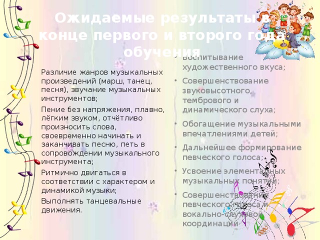 Ожидаемые результаты в конце первого и второго года обучения Воспитывание художественного вкуса; Совершенствование звуковысотного, тембрового и динамического слуха; Обогащение музыкальными впечатлениями детей; Дальнейшее формирование певческого голоса; Усвоение элементарных музыкальных понятий; Совершенствование певческого голоса и вокально-слуховой координации Различие жанров музыкальных произведений (марш, танец, песня), звучание музыкальных инструментов; Пение без напряжения, плавно, лёгким звуком, отчётливо произносить слова, своевременно начинать и заканчивать песню, петь в сопровождении музыкального инструмента; Ритмично двигаться в соответствии с характером и динамикой музыки; Выполнять танцевальные движения. 