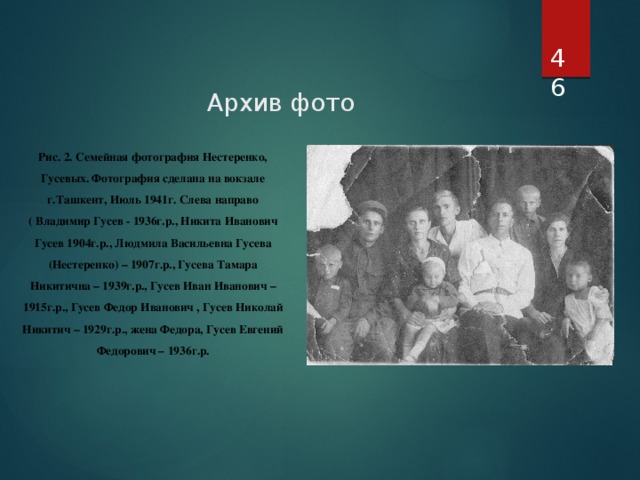  Архив фото Рис. 2. Семейная фотография Нестеренко, Гусевых. Фотография сделана на вокзале г.Ташкент, Июль 1941г. Слева направо ( Владимир Гусев - 1936г.р., Никита Иванович Гусев 1904г.р., Людмила Васильевна Гусева (Нестеренко) – 1907г.р., Гусева Тамара Никитична – 1939г.р., Гусев Иван Иванович – 1915г.р., Гусев Федор Иванович , Гусев Николай Никитич – 1929г.р., жена Федора, Гусев Евгений Федорович – 1936г.р. 