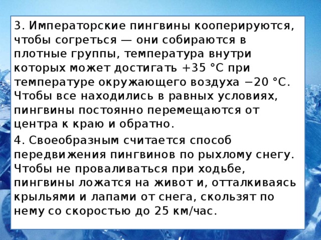 3. Императорские пингвины кооперируются, чтобы согреться — они собираются в плотные группы, температура внутри которых может достигать +35 °C при температуре окружающего воздуха −20 °C. Чтобы все находились в равных условиях, пингвины постоянно перемещаются от центра к краю и обратно. 4. Своеобразным считается способ передвижения пингвинов по рыхлому снегу. Чтобы не проваливаться при ходьбе, пингвины ложатся на живот и, отталкиваясь крыльями и лапами от снега, скользят по нему со скоростью до 25 км/час. 