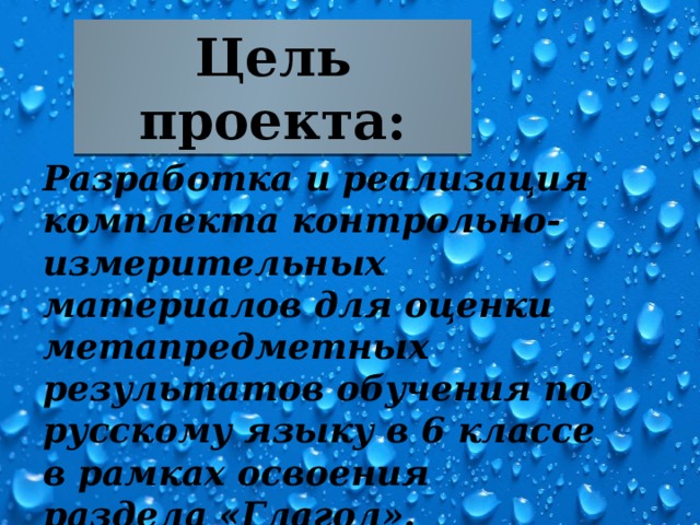 Цель проекта: Разработка и реализация комплекта контрольно-измерительных материалов для оценки метапредметных результатов обучения по русскому языку в 6 классе в рамках освоения раздела «Глагол». 