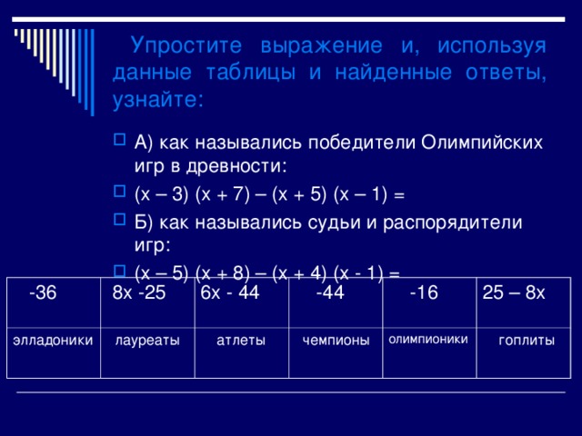  Упростите выражение и, используя данные таблицы и найденные ответы, узнайте : А) как назывались победители Олимпийских игр в древности : (x – 3) (x + 7) – (x + 5) (x – 1) = Б) как назывались судьи и распорядители игр : (x – 5) (x + 8) – (x + 4) (x - 1) =  -36 элладоники  8x -25 6x - 44  лауреаты  -44  атлеты  -16  чемпионы олимпионики 25 – 8x  гоплиты 