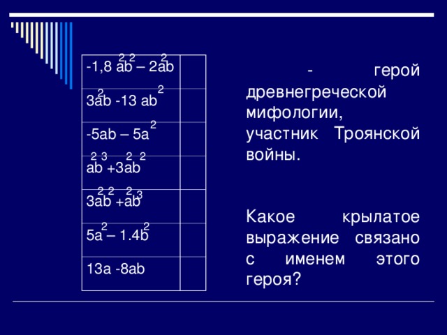 2 2 2  - герой древнегреческой мифологии, участник Троянской войны.    Какое крылатое выражение связано с именем этого героя ? -1,8 ab – 2ab 3ab -13 ab -5ab – 5a ab +3ab 3ab +ab 5a – 1.4b 13a -8ab 2 2 2 2 2 3 2 2 2 2 3 2 2 