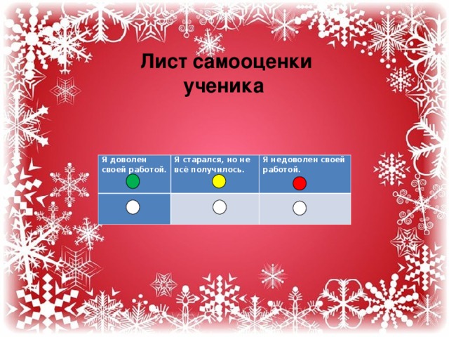 Лист самооценки ученика  Я доволен своей работой. Я старался, но не всё получилось. Я недоволен своей работой. 