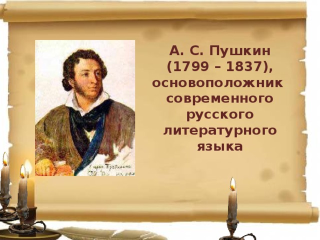 А. С. Пушкин (1799 – 1837), основоположник современного русского литературного языка  