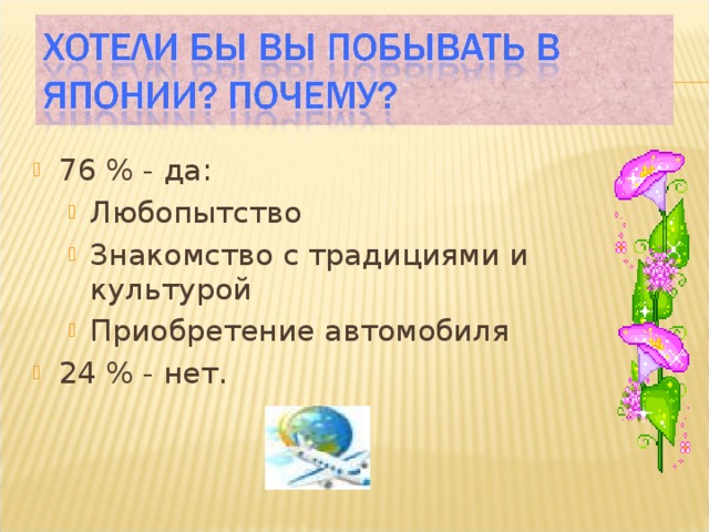 76 % - да: Любопытство Знакомство с традициями и культурой Приобретение автомобиля Любопытство Знакомство с традициями и культурой Приобретение автомобиля 24 % - нет. 
