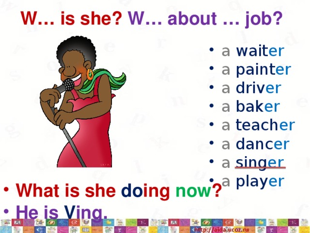 W… is she? W… about … job?  a wait er  a paint er  a driv er  a bak er  a teach er  a danc er  a sing er  a play er  What is she do ing now ?  He is V ing. 11/18/16  