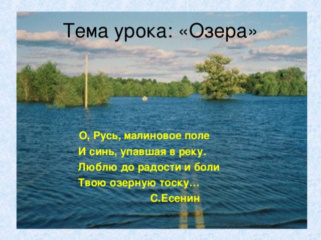 Тема урока: «Озера»  О, Русь, малиновое поле  И синь, упавшая в реку.  Люблю до радости и боли  Твою озерную тоску…  С.Есенин
