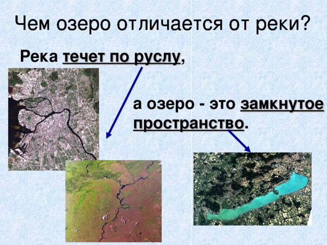 Чем озеро отличается от реки? Чем озеро отличается от реки? Река течет по руслу , а озеро - это замкнутое пространство .