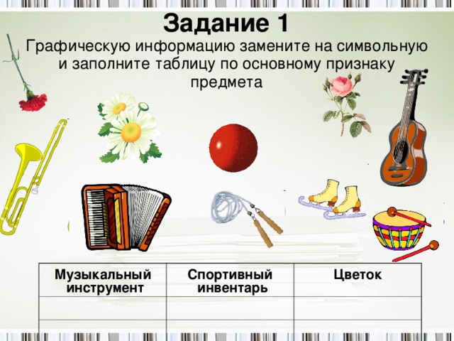 Задание 1  Графическую информацию замените на символьную и заполните таблицу по основному признаку предмета Музыкальный инструмент Спортивный инвентарь Цветок 