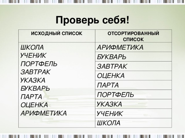 Проверь себя! ИСХОДНЫЙ СПИСОК ОТСОРТИРОВАННЫЙ СПИСОК ШКОЛА УЧЕНИК ПОРТФЕЛЬ ЗАВТРАК УКАЗКА БУКВАРЬ ПАРТА ОЦЕНКА АРИФМЕТИКА АРИФМЕТИКА БУКВАРЬ ЗАВТРАК ОЦЕНКА ПАРТА ПОРТФЕЛЬ УКАЗКА УЧЕНИК ШКОЛА 