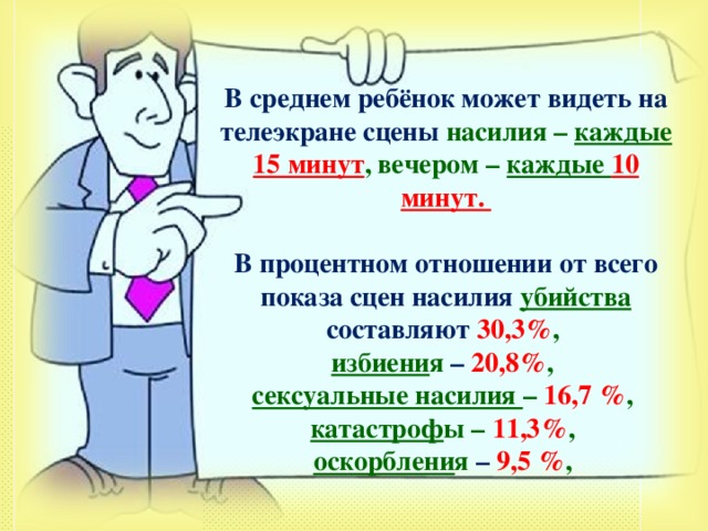 В среднем ребёнок может видеть на телеэкране сцены насилия – каждые 15 минут , вечером – каждые 10 минут.  В процентном отношении от всего показа сцен насилия убийства составляют 30,3% , избиени я – 20,8% , сексуальные насилия – 16,7 % , катастроф ы – 11,3% , оскорблени я – 9,5 % , 