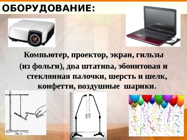 ОБОРУДОВАНИЕ:  Компьютер, проектор, экран, гильзы (из фольги), два штатива, эбонитовая и стеклянная палочки, шерсть и шелк, конфетти, воздушные шарики. 