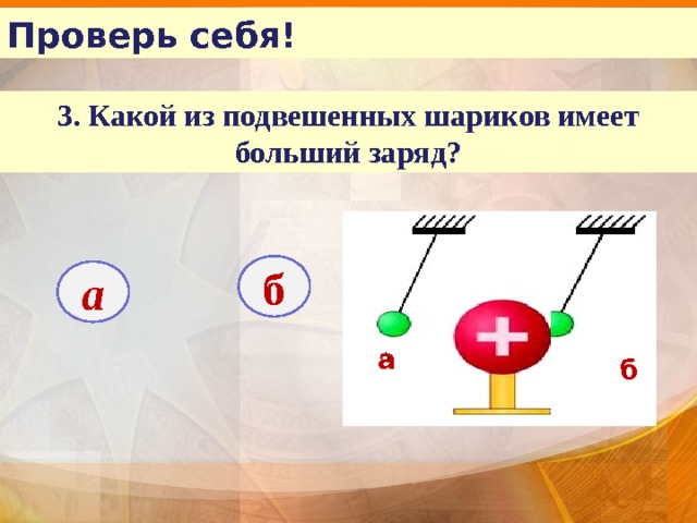 Проверь себя! 3. Какой из подвешенных шариков имеет больший заряд? б а а б 
