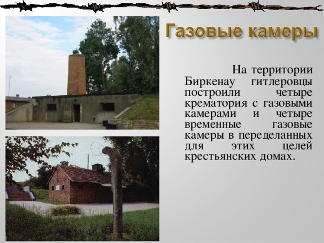  На территории Биркенау гитлеровцы построили четыре крематория с газовыми камерами и четыре временные газовые камеры в переделанных для этих целей крестьянских домах. 