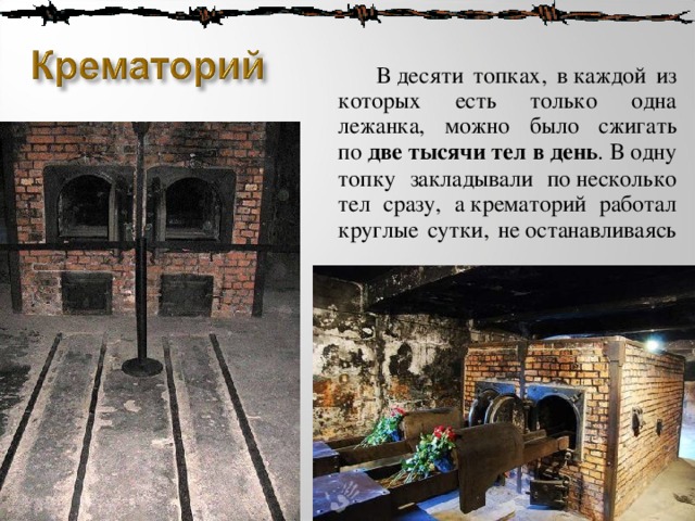  В десяти топках, в каждой из которых есть только одна лежанка, можно было сжигать по  две тысячи тел в день . В одну топку закладывали по несколько тел сразу, а крематорий работал круглые сутки, не останавливаясь 