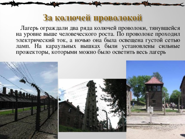  Лагерь ограждали два ряда колючей проволоки, тянувшейся на уровне выше человеческого роста. По проволоке проходил электрический ток, а ночью она была освещена густой сетью ламп. На караульных вышках были установлены сильные прожекторы, которыми можно было осветить весь лагерь 