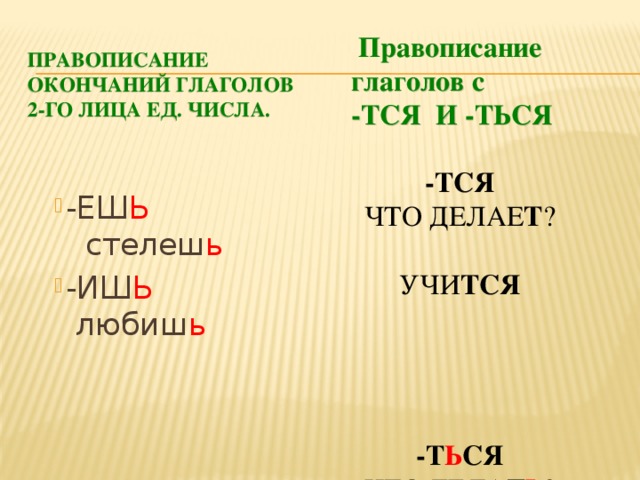 Правописание глаголов с  -ТСЯ И -ТЬСЯ Правописание окончаний глаголов 2-го лица ед. числа. -ТСЯ ЧТО ДЕЛАЕ Т ? УЧИ ТСЯ -Т Ь СЯ ЧТО ДЕЛА Т Ь ? УЧИ Т Ь СЯ