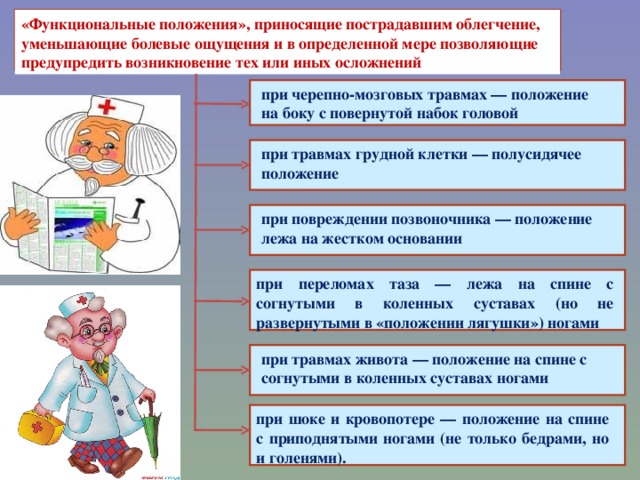 «Функциональные положения», приносящие пострадавшим облегчение, уменьшающие болевые ощущения и в определенной мере позволяющие предупредить возникновение тех или иных осложнений при черепно-мозговых травмах — положение на боку с повернутой набок головой при травмах грудной клетки — полусидячее положение при повреждении позвоночника — положение лежа на жестком основании при переломах таза — лежа на спине с согнутыми в коленных суставах (но не развернутыми в «положении лягушки») ногами при травмах живота — положение на спине с согнутыми в коленных суставах ногами при шоке и кровопотере — положение на спине с приподнятыми ногами (не только бедрами, но и голенями).  