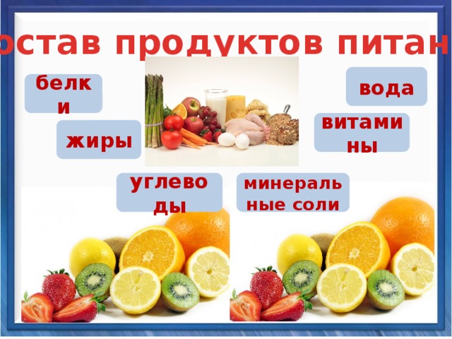 Состав продуктов питания вода белки витамины жиры углеводы минеральные соли 