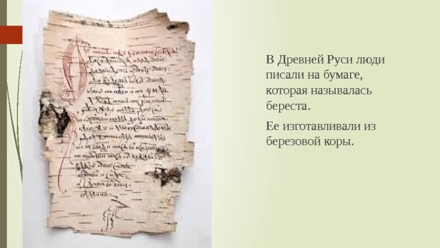 В Древней Руси люди писали на бумаге, которая называлась береста. Ее изготавливали из березовой коры. 