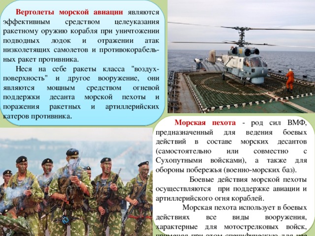 Вертолеты морской авиации  являются эффективным средством целеуказания ракетному оружию корабля при уничтожении подводных лодок и отражении атак низколетящих самолетов и противокорабель-ных ракет противника. Неся на себе ракеты класса 